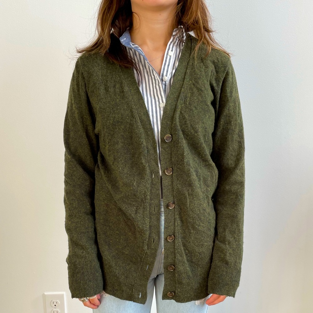 J. Crew green cardigan sweater.